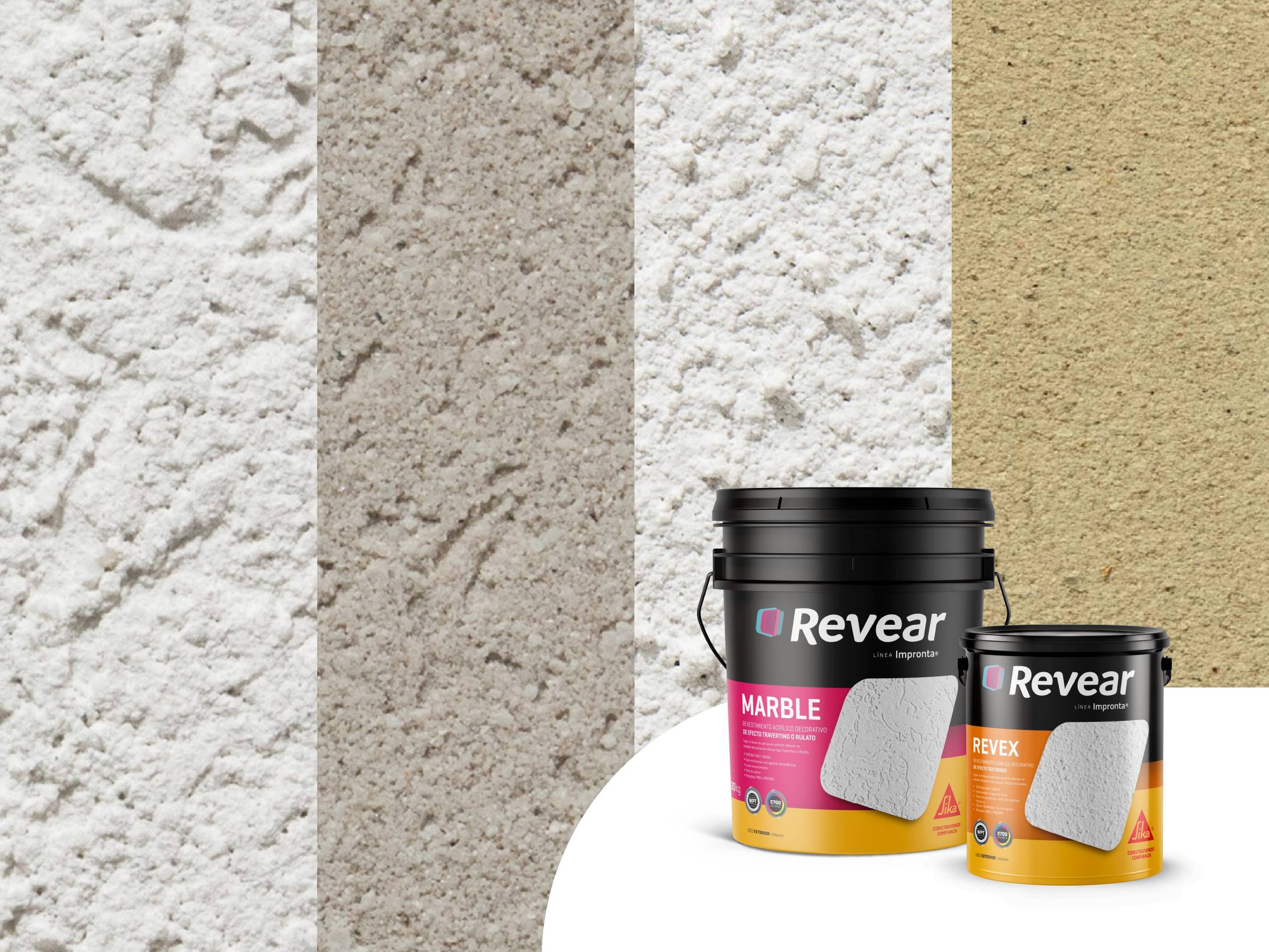 Aplicación de revestimiento texturado con diferentes granulometrías, mostrando la posible combinación de grano fino y medio en una misma superficie.