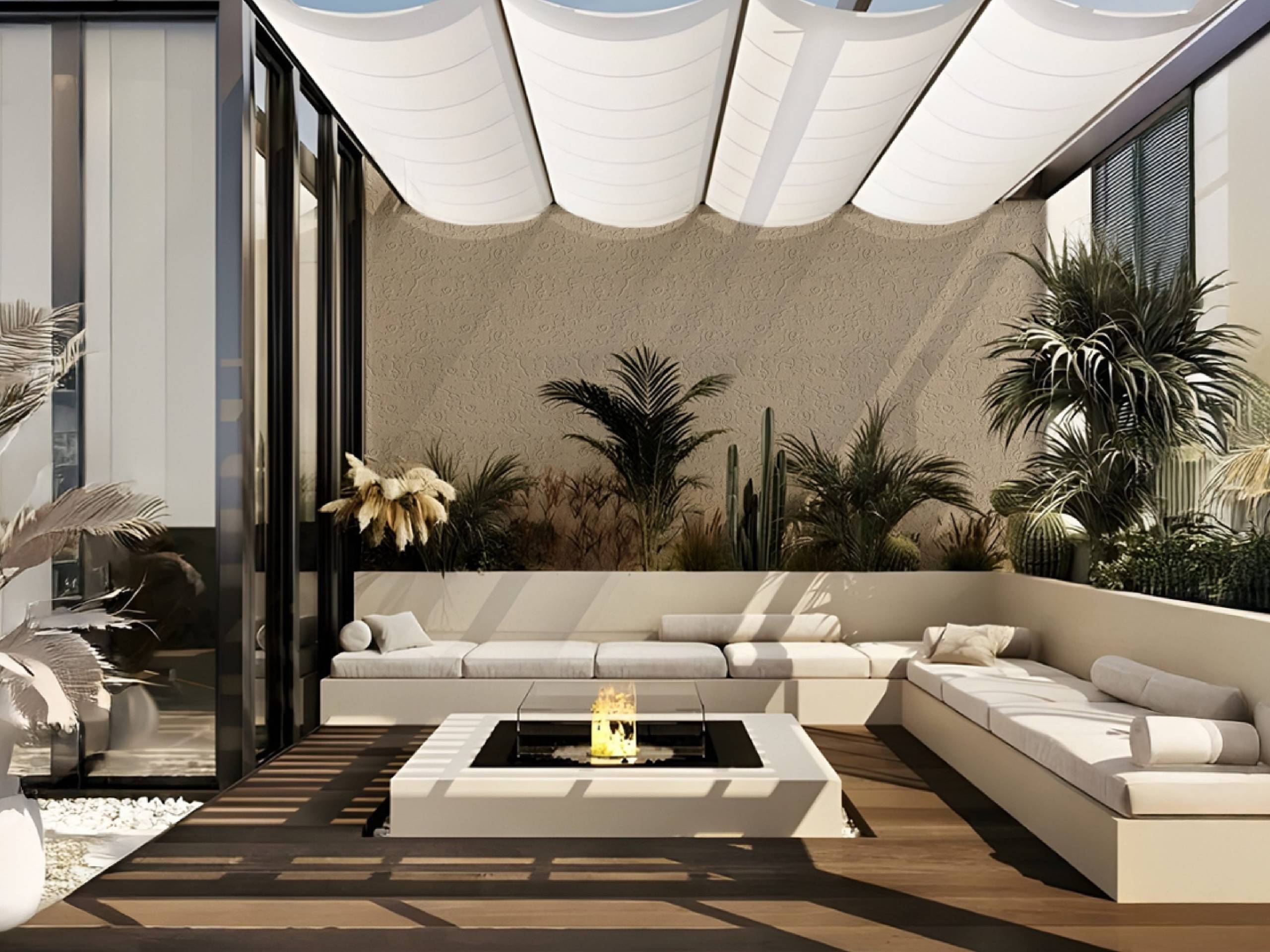 Balcon moderno con pérgola en tonos neutros