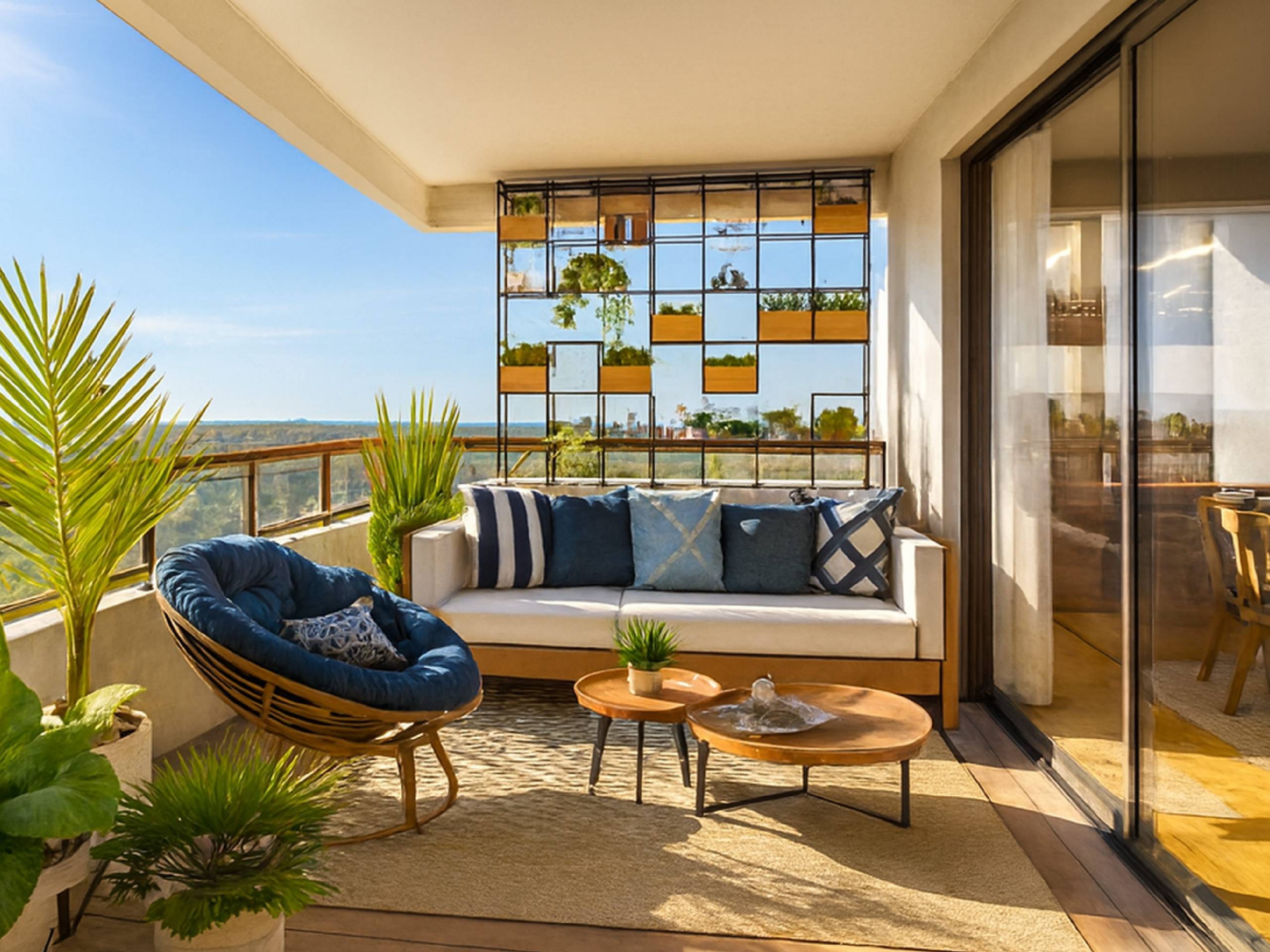 Balcón moderno con sillones en tonos azules y beige. Mobiliario de madera clara, alfombra y estructura de metal con madera como macetero vertical.