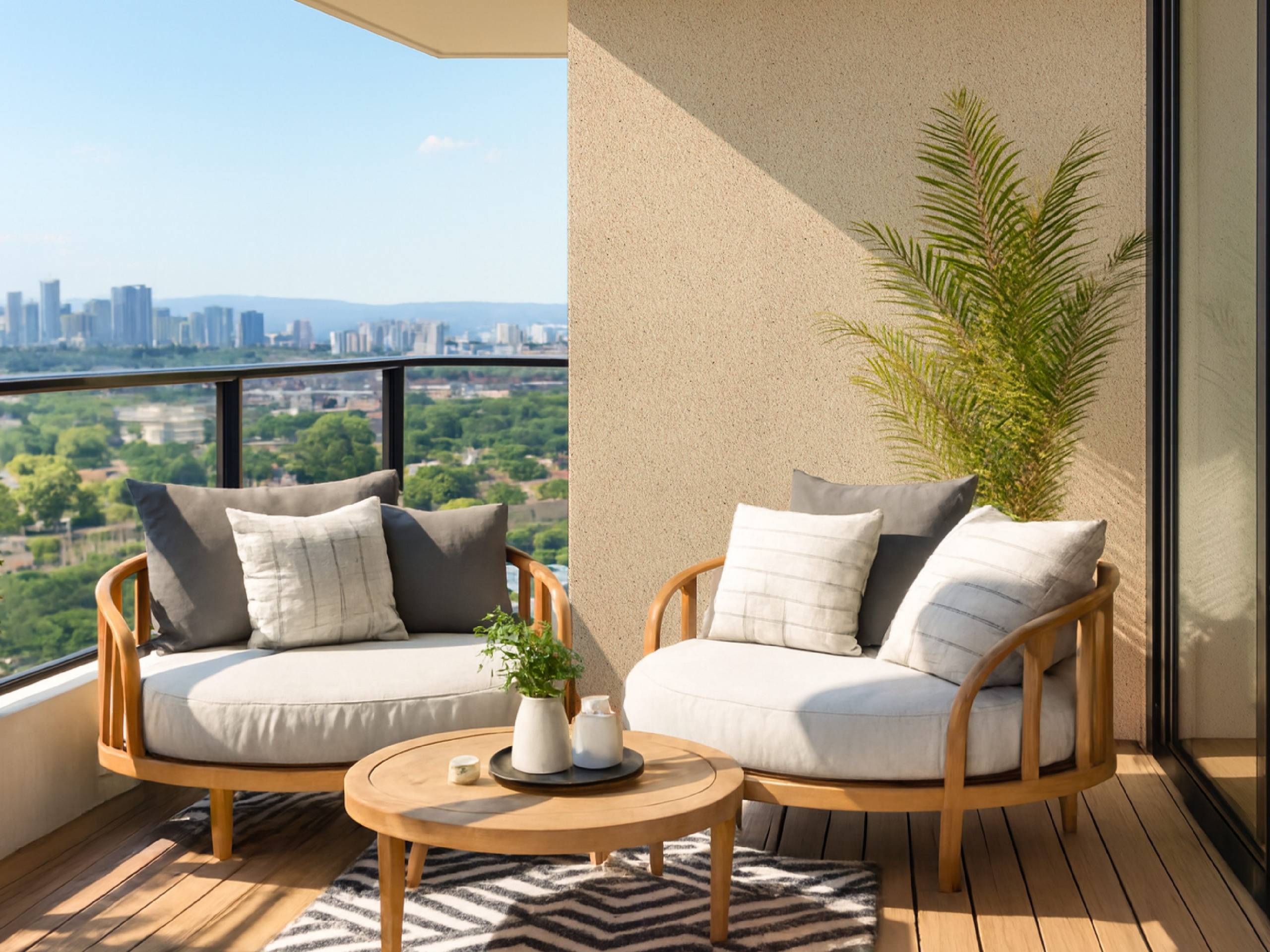 Balvón moderno en tonos claro con revestimiento aplicaddo Revear Classic Stone Claear acompañados por objetos deco y plantas.