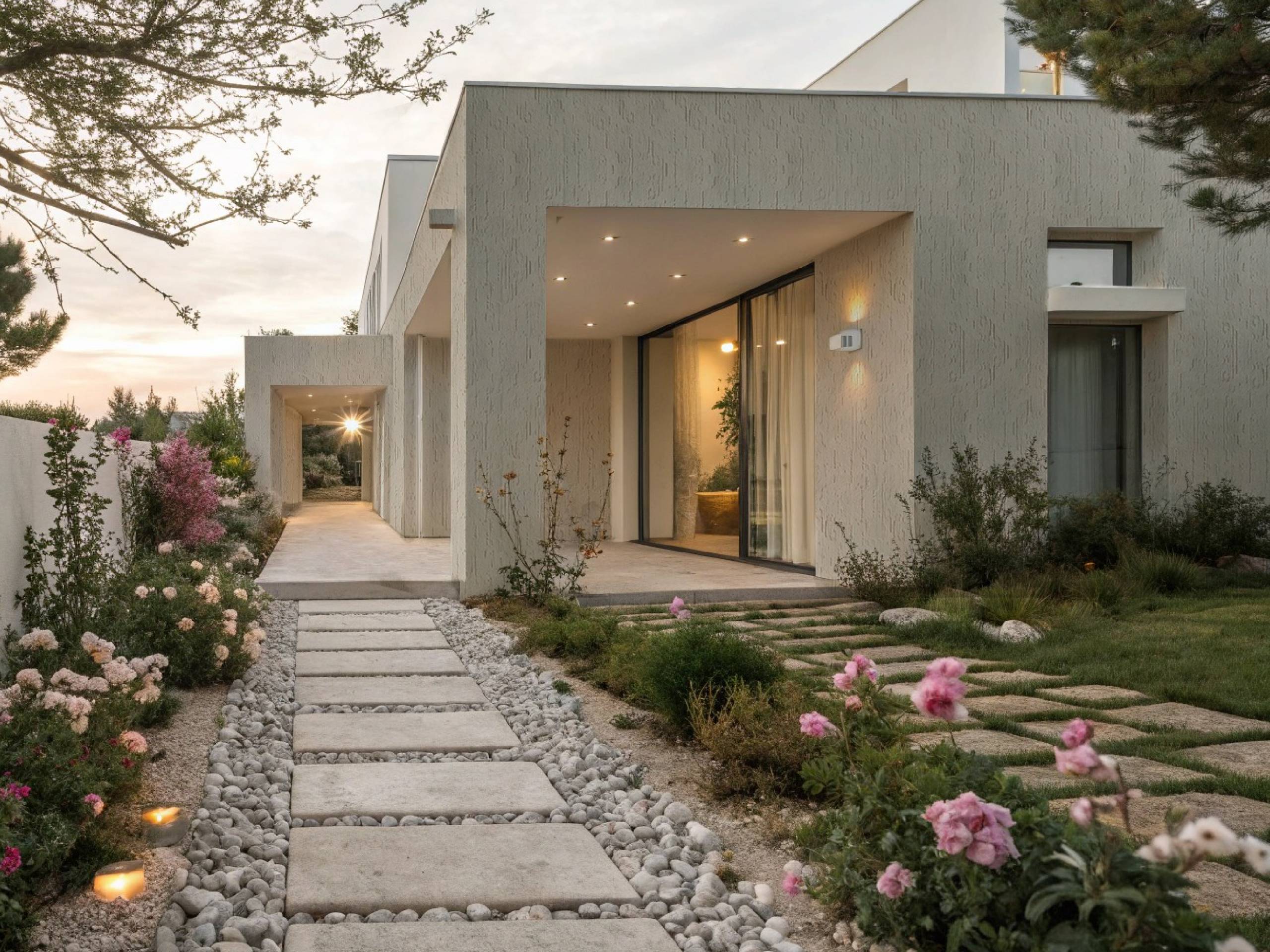 fachada de casa moderna con revestimeinto revear Marble Campo de Trigo Medio Travertino 