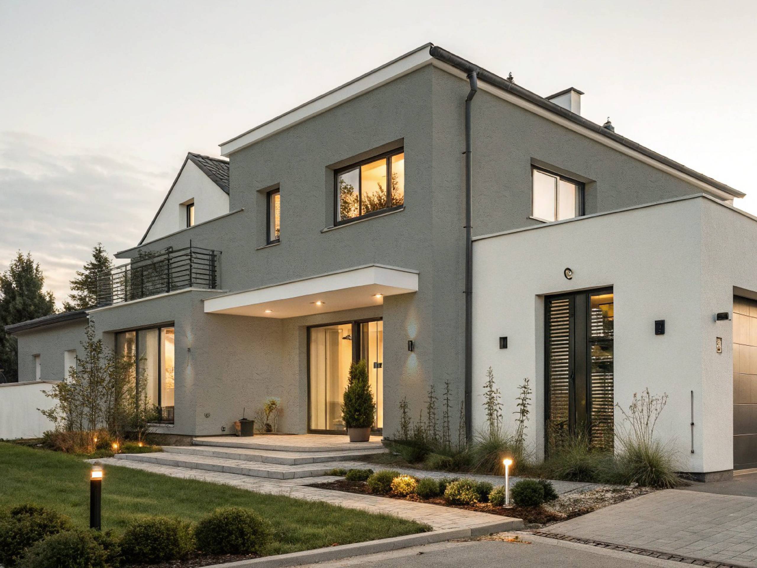 fachada de casa moderna con jardín delantero con revear Marble brisa marina aplicado en sus paredes