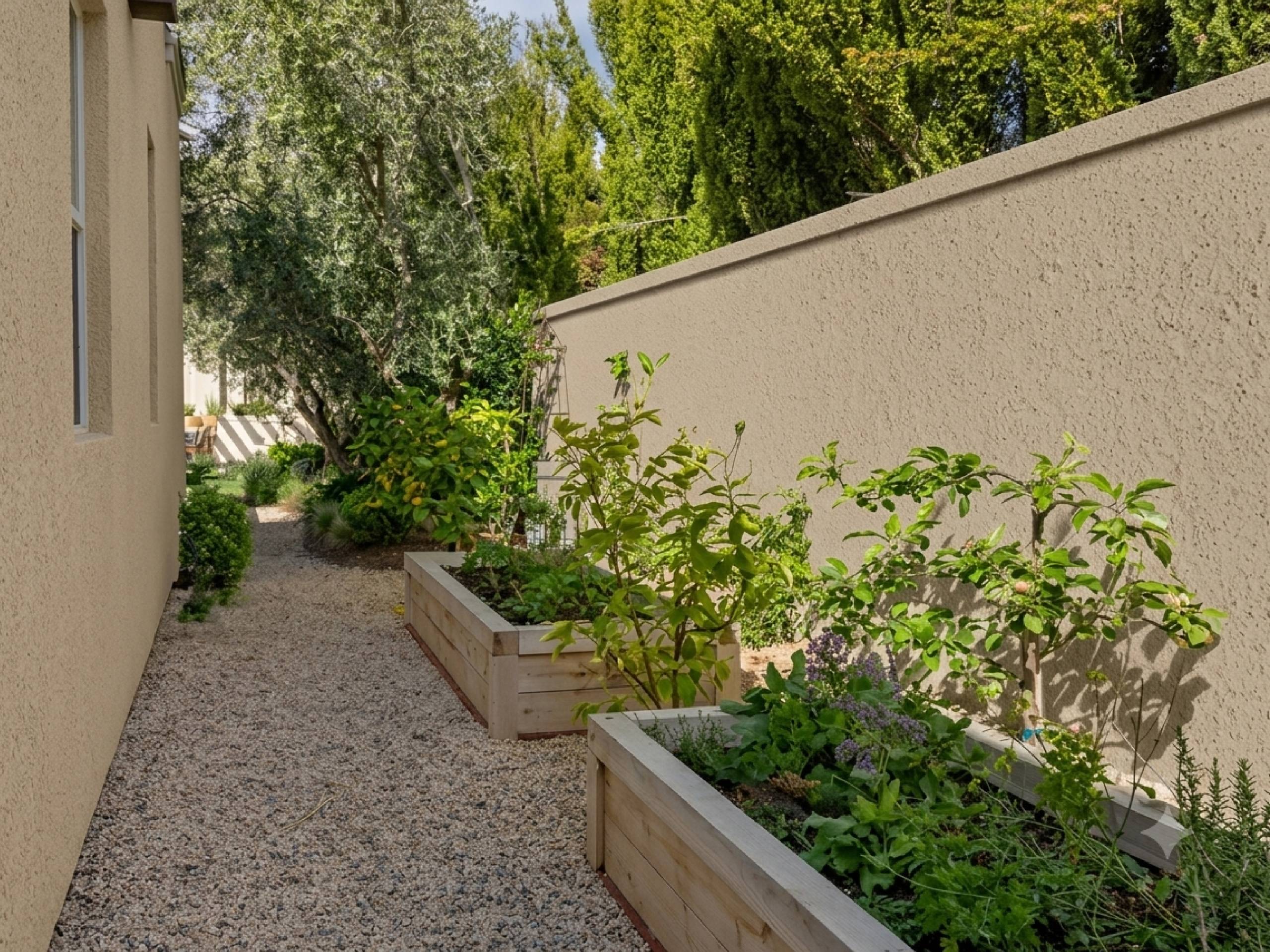 Jadín preventivo, paisajismo, con pared de fondo con Revear Revoque Plástico Beige Almendra